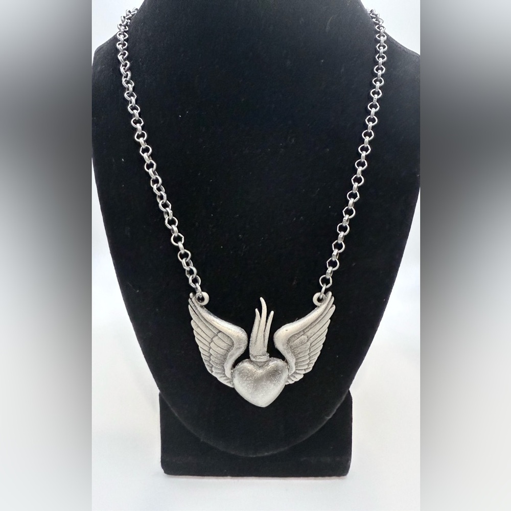 Silver Winged Sacred Heart Necklace